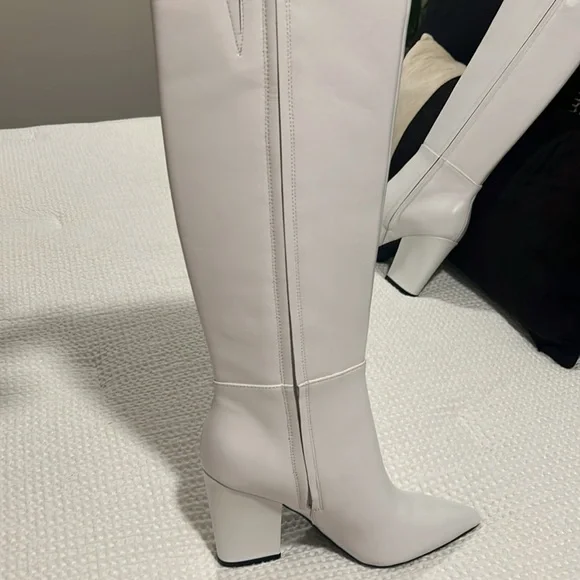 Nine West “Gabal” White Leather Tall Block Heel Pointy Toe Boots Size 7 NEW - Picture 11 of 16